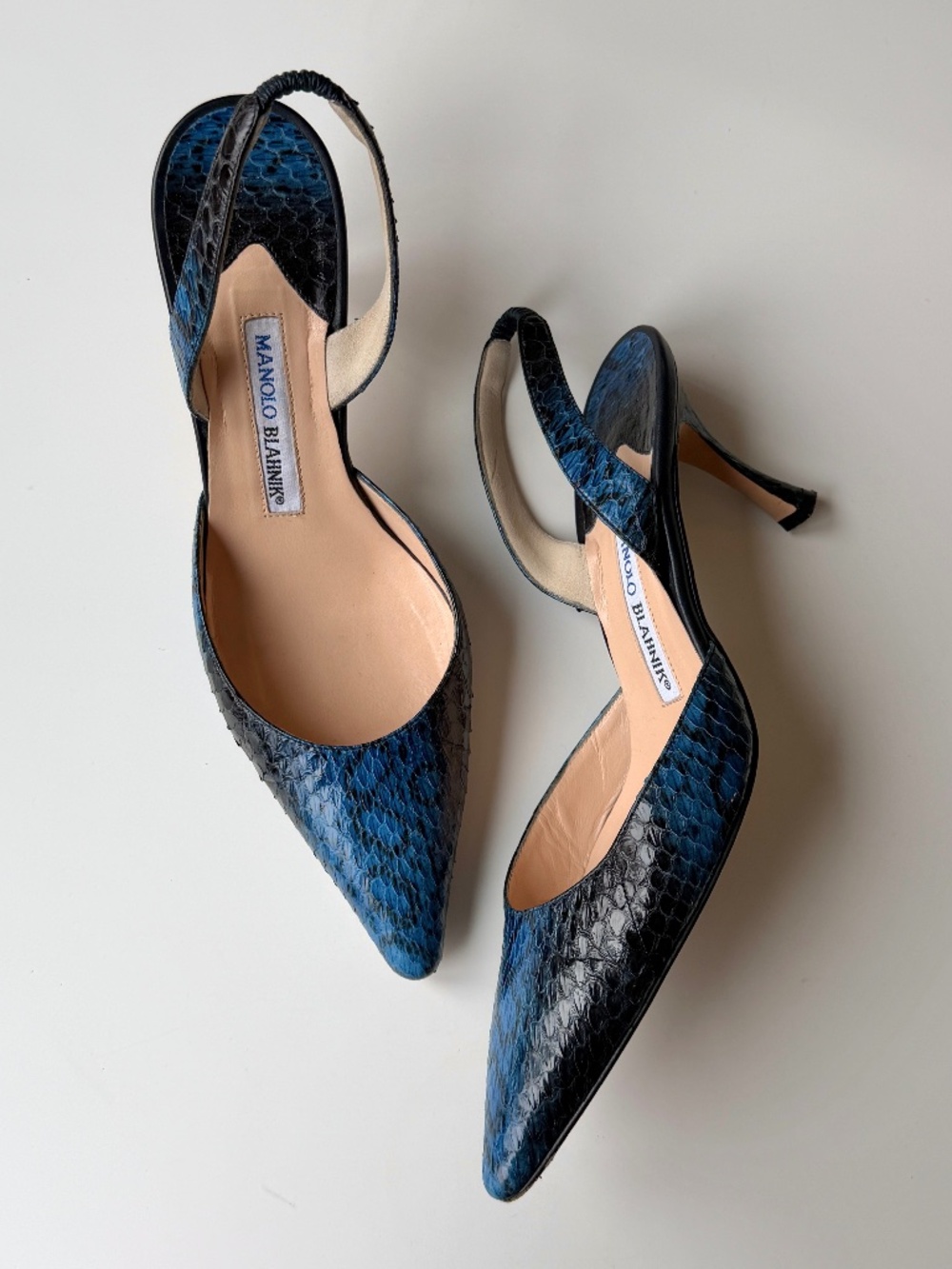 Vintage Manolo Blahnik blue python slingback, IT 37.5, ~US 7-7.5